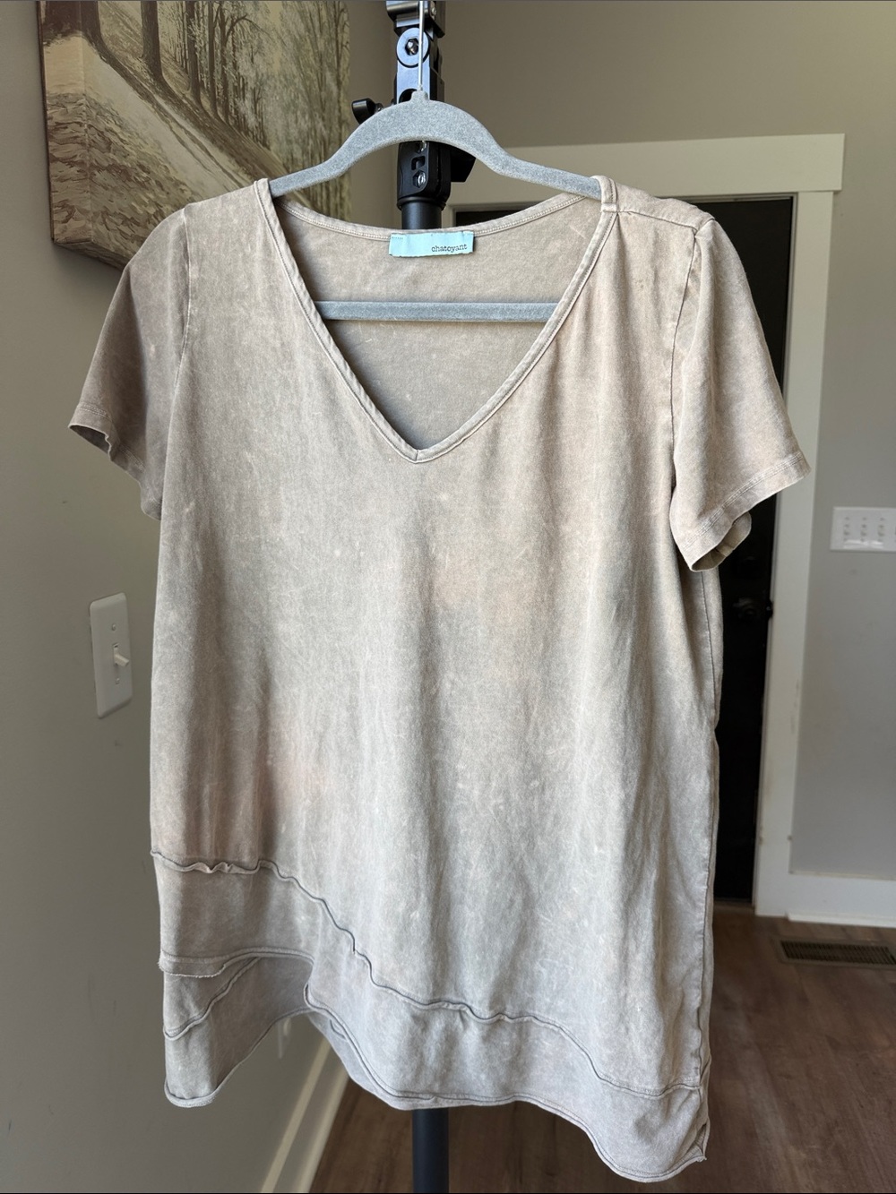 Washed Taupe V-Neck Short Sleeve Top